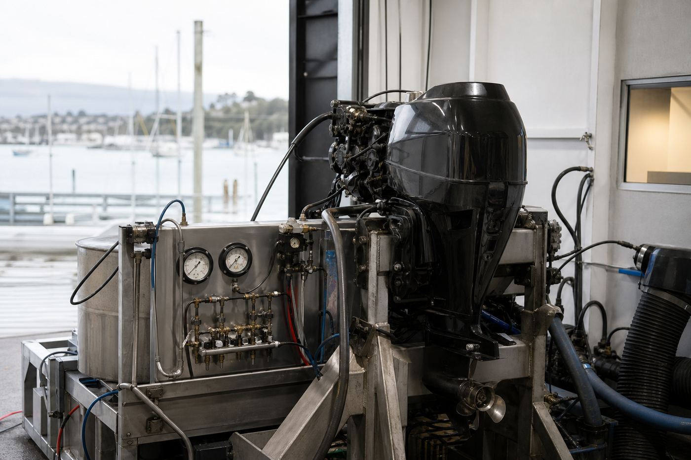Outboard motor on dyno test stand in workshop