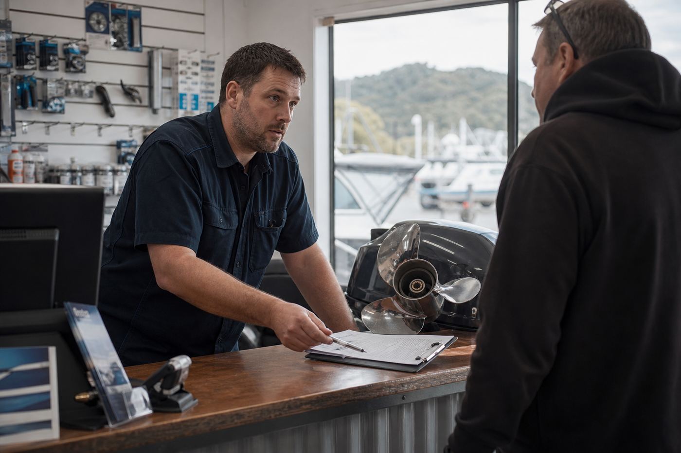 Marine service counter with estimate paperwork