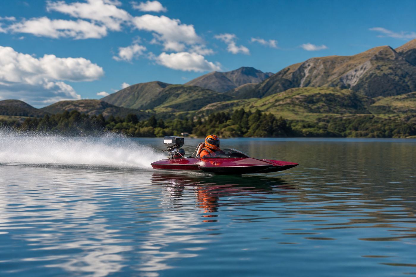 Race boat on a New Zealand lake with green hills