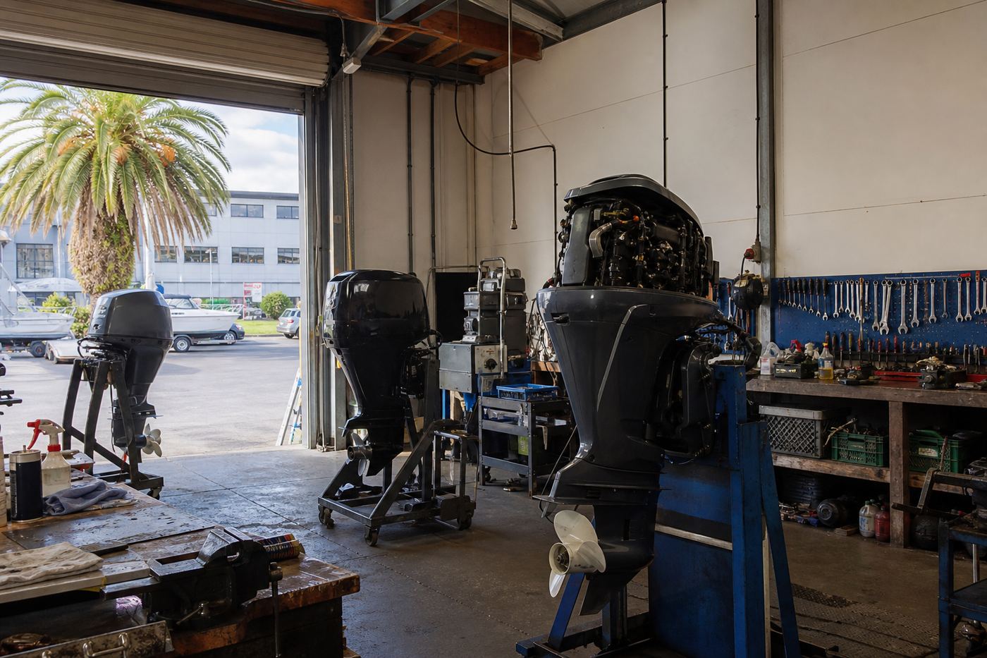 Marine workshop with outboard motors on stands