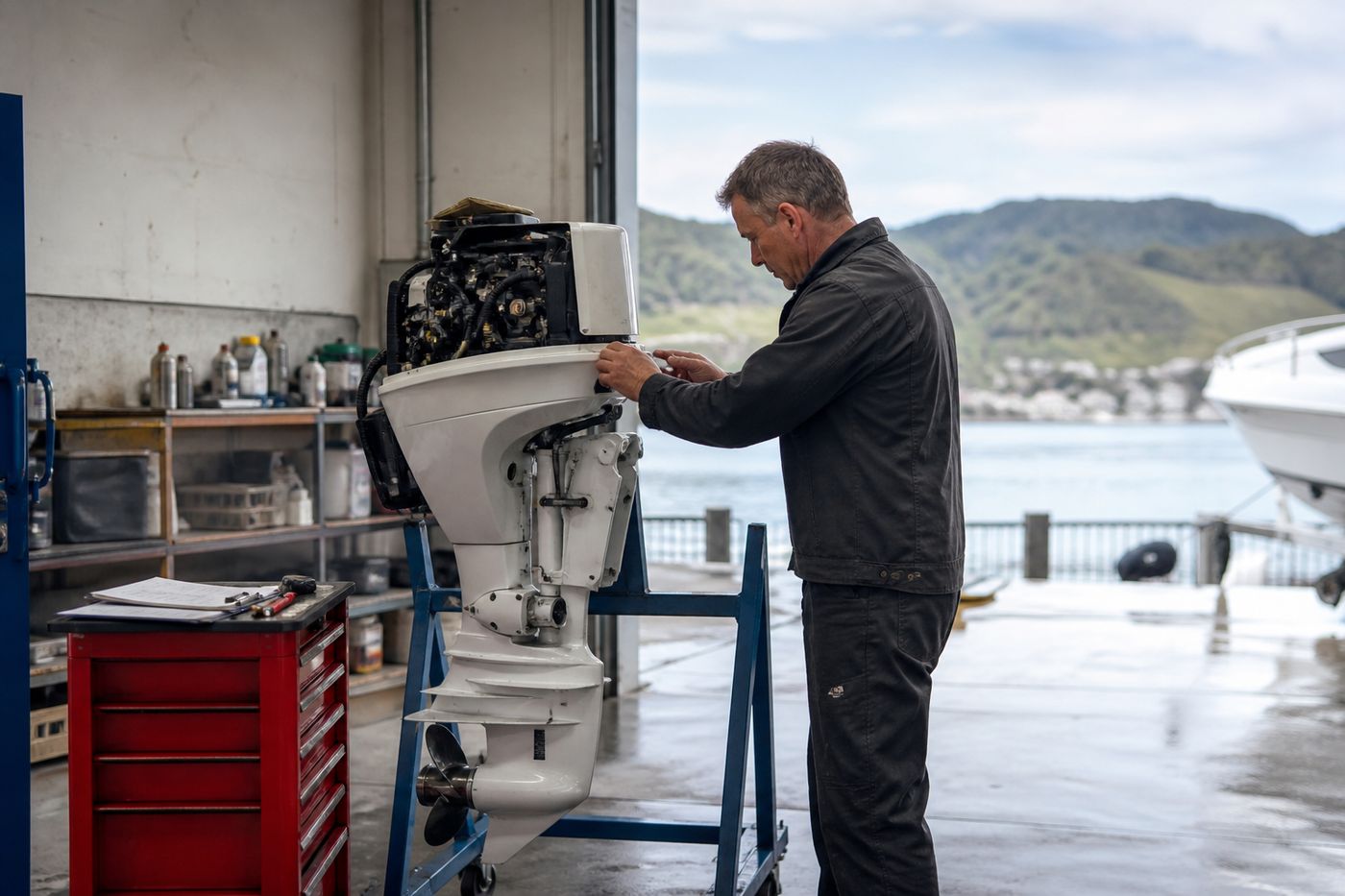 Technician checking over an outboard engine for the season