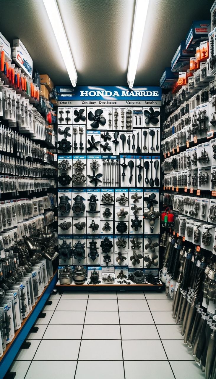 Honda Marine parts display wall with propellers, gear housings and components at Holiday Outboards