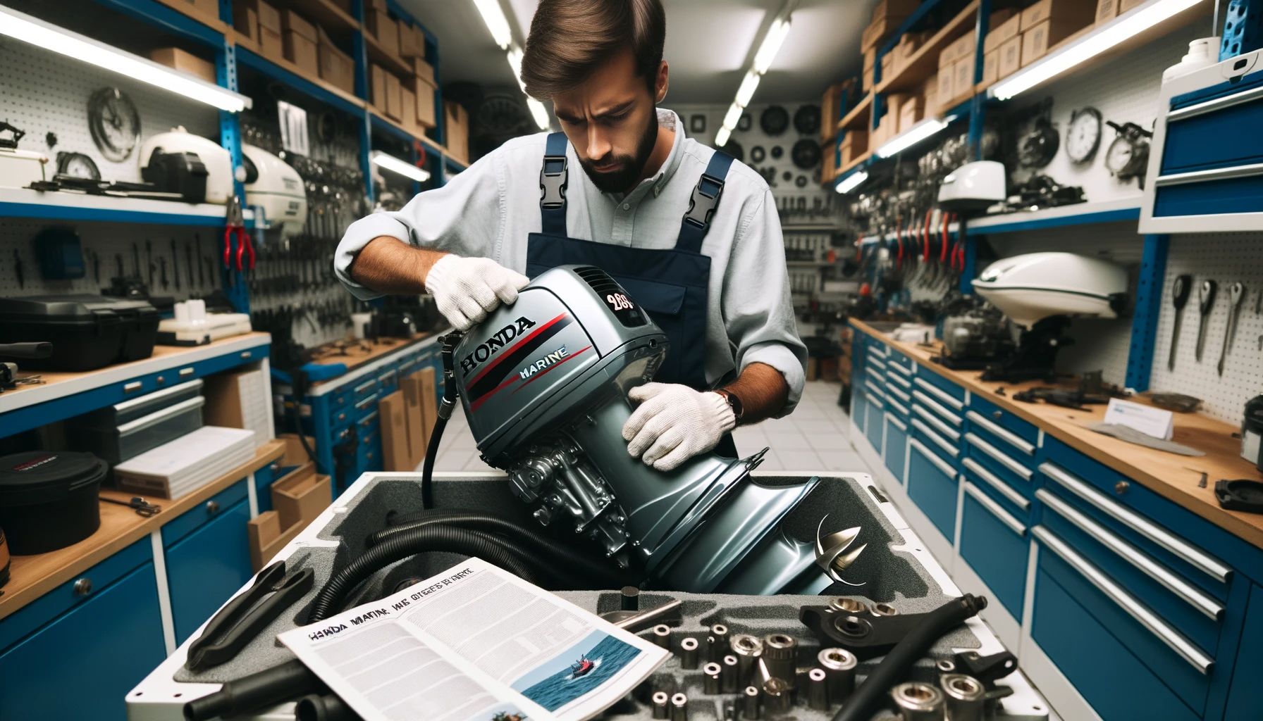 Photo-capturing-a-skilled-marine-engineer-in-the-process-of-servicing-a-Honda-marine-outboard-engine.-The-environment-suggests-a-professional-marine
